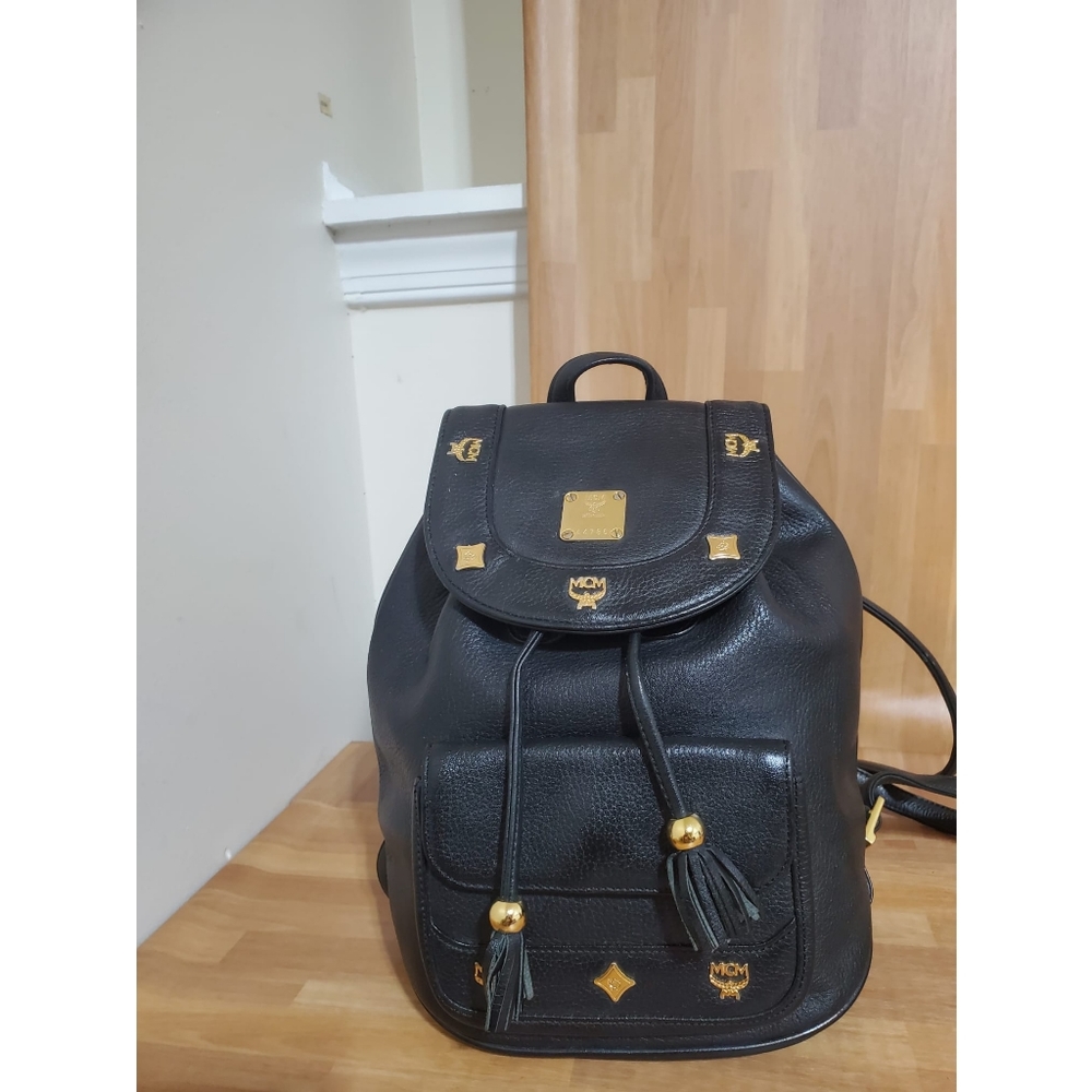 Mcm Leather Drawstring Backpack Bag Black - image 1